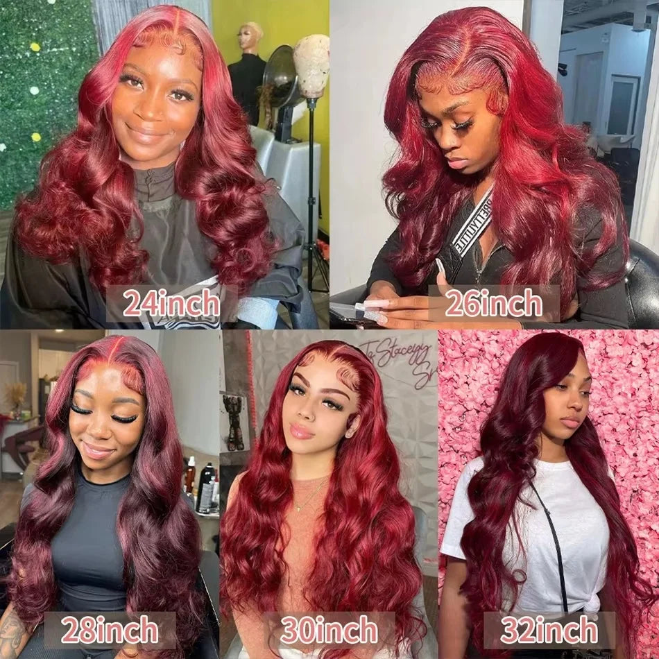 28 Inch 99J Burgundy Lace Front Wigs Human Hair Red Burgundy Wig 250% Density 13X4 Body Wave Lace Front Wigs Pre Plucked