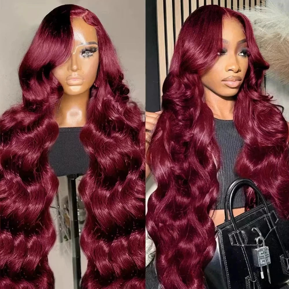 28 Inch 99J Burgundy Lace Front Wigs Human Hair Red Burgundy Wig 250% Density 13X4 Body Wave Lace Front Wigs Pre Plucked