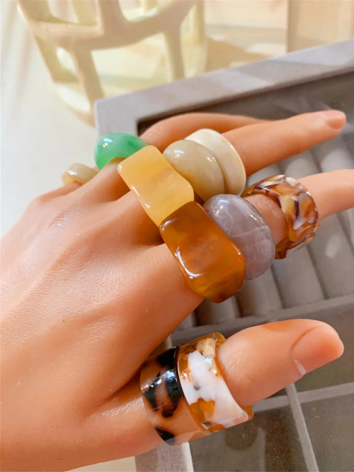 Set of 10 Transparent Resin Rings, Handcrafted Dye-Infused round Rings, Unique Patterns, Wide Irregular Openings, Fashion Jewelry