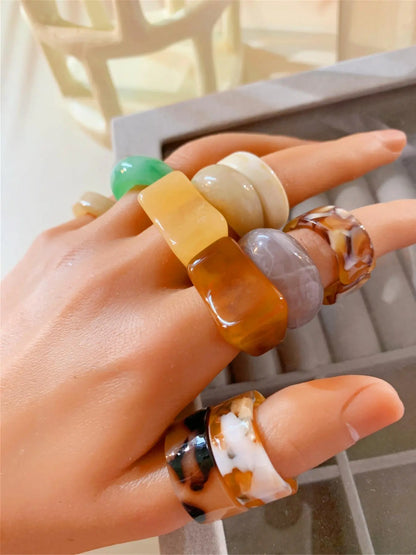 Set of 10 Transparent Resin Rings, Handcrafted Dye-Infused round Rings, Unique Patterns, Wide Irregular Openings, Fashion Jewelry
