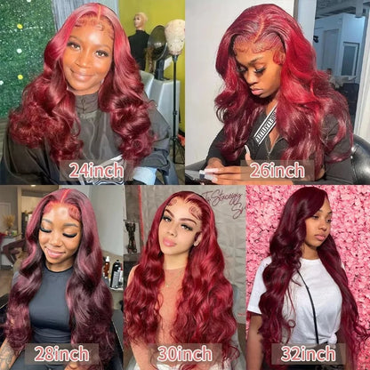 28 Inch 99J Burgundy Lace Front Wigs Human Hair Red Burgundy Wig 250% Density 13X4 Body Wave Lace Front Wigs Pre Plucked