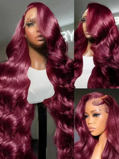 28 Inch 99J Burgundy Lace Front Wigs Human Hair Red Burgundy Wig 250% Density 13X4 Body Wave Lace Front Wigs Pre Plucked