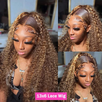 HD Transparent Highlight Wig Human Hair Honey Blonde Lace Front Wigs for Women Curly Human Hair Wig Deep Wave Lace Frontal Wig