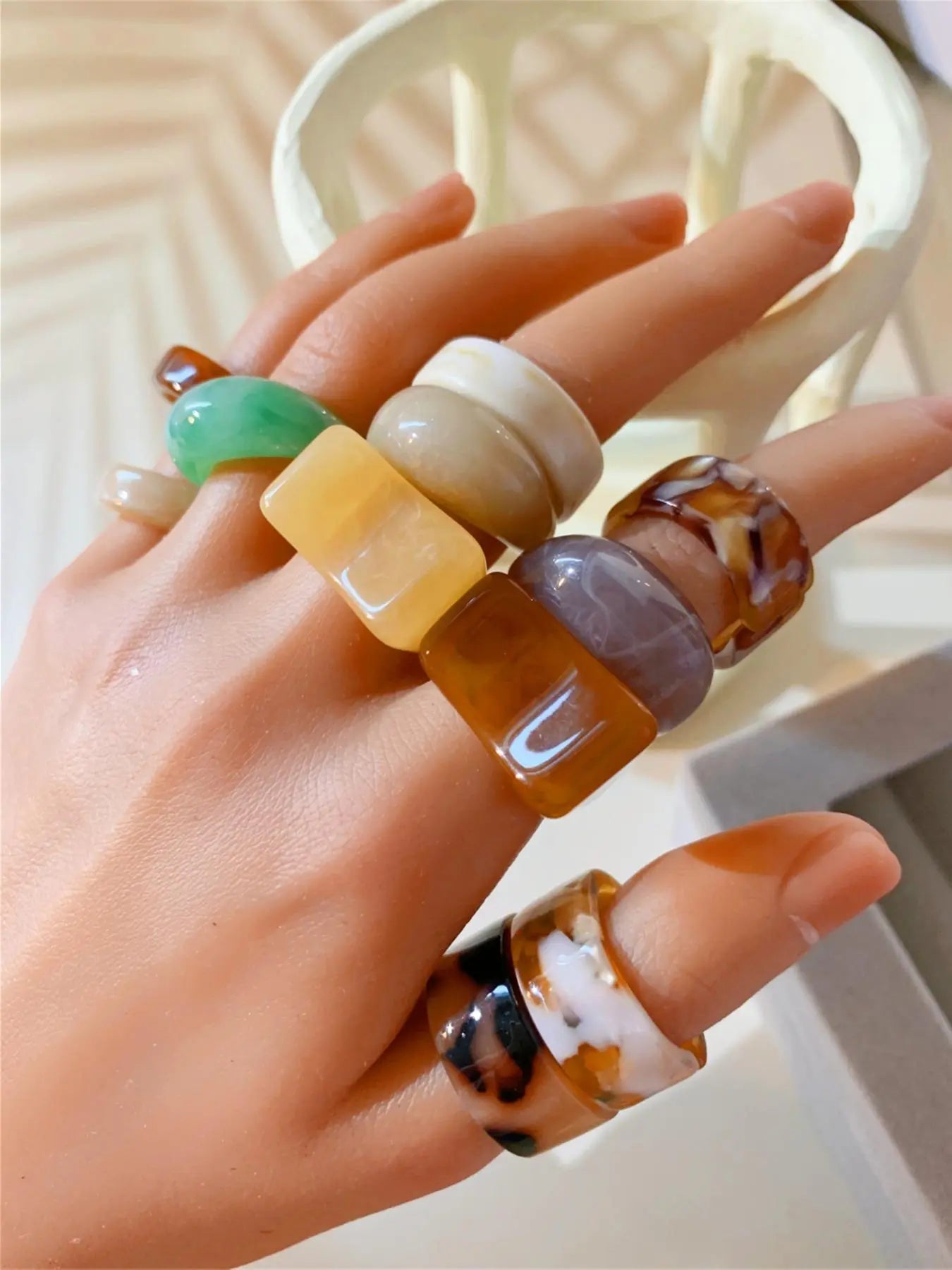 Set of 10 Transparent Resin Rings, Handcrafted Dye-Infused round Rings, Unique Patterns, Wide Irregular Openings, Fashion Jewelry