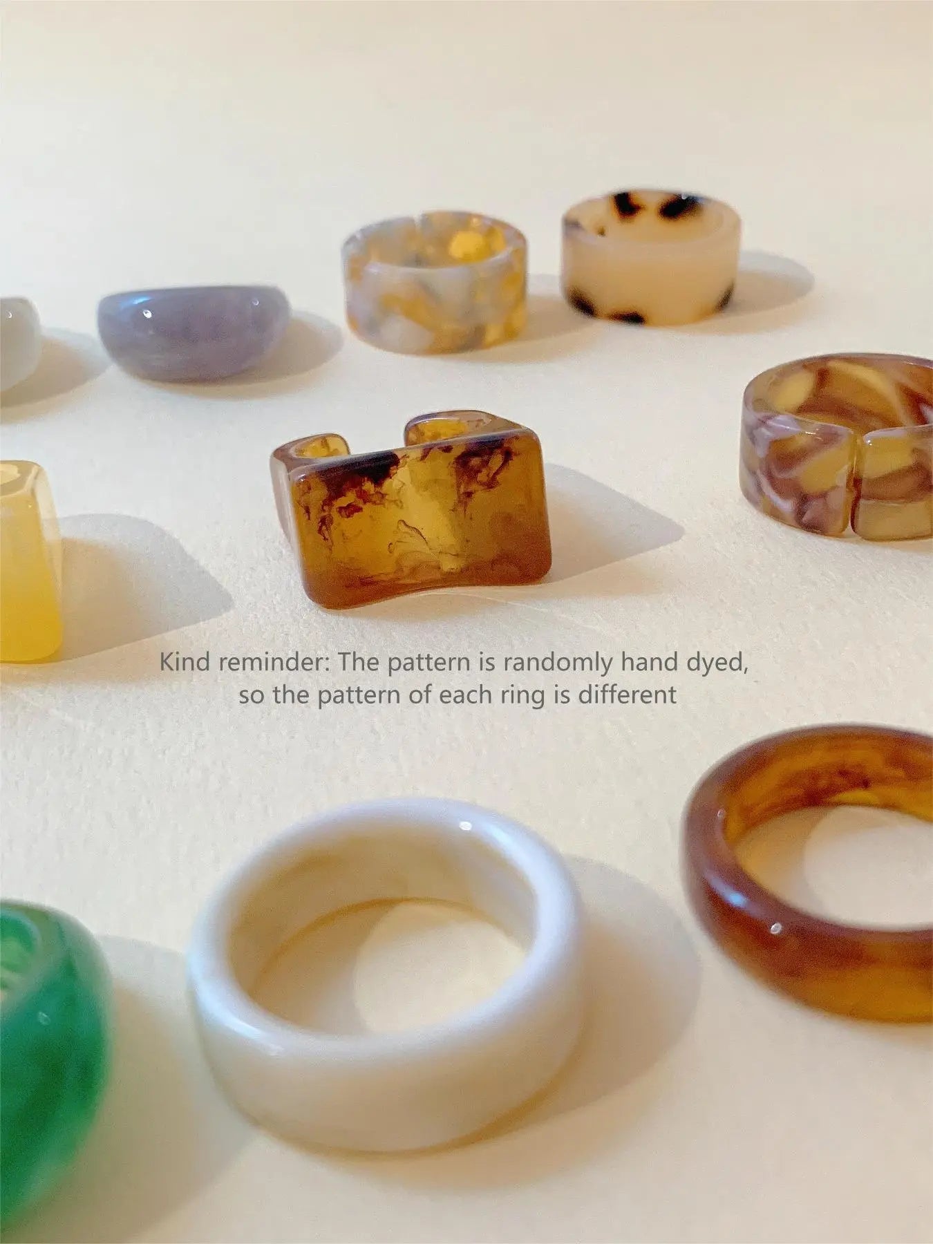 Set of 10 Transparent Resin Rings, Handcrafted Dye-Infused round Rings, Unique Patterns, Wide Irregular Openings, Fashion Jewelry