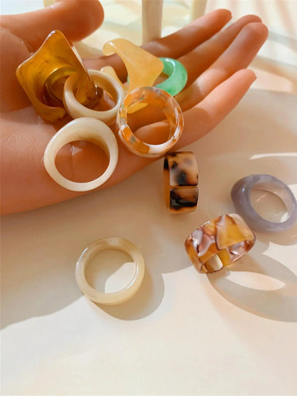 Set of 10 Transparent Resin Rings, Handcrafted Dye-Infused round Rings, Unique Patterns, Wide Irregular Openings, Fashion Jewelry