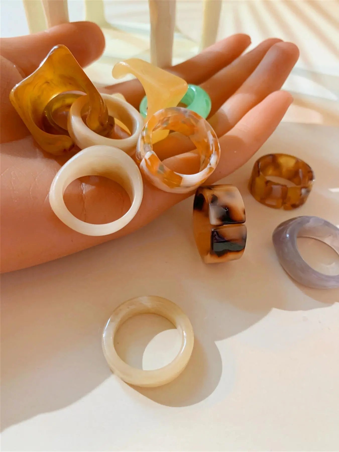 Set of 10 Transparent Resin Rings, Handcrafted Dye-Infused round Rings, Unique Patterns, Wide Irregular Openings, Fashion Jewelry