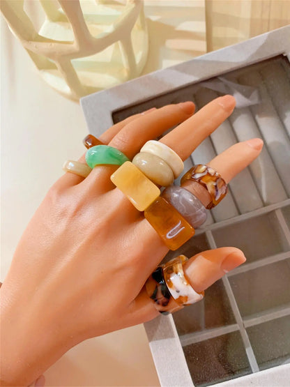 Set of 10 Transparent Resin Rings, Handcrafted Dye-Infused round Rings, Unique Patterns, Wide Irregular Openings, Fashion Jewelry