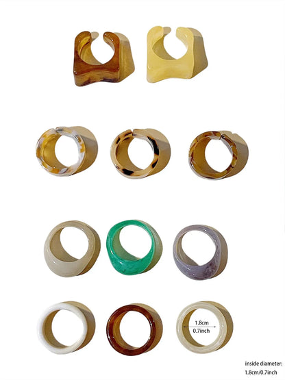 Set of 10 Transparent Resin Rings, Handcrafted Dye-Infused round Rings, Unique Patterns, Wide Irregular Openings, Fashion Jewelry