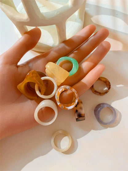 Set of 10 Transparent Resin Rings, Handcrafted Dye-Infused round Rings, Unique Patterns, Wide Irregular Openings, Fashion Jewelry