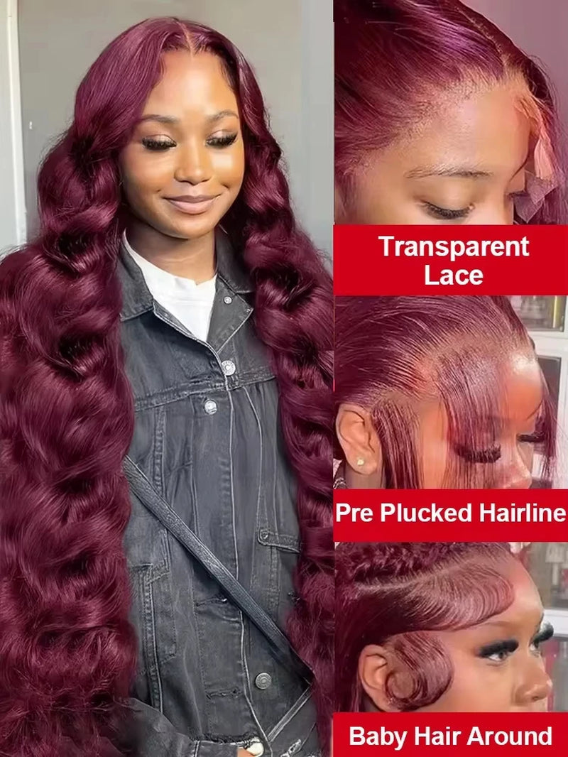 28 Inch 99J Burgundy Lace Front Wigs Human Hair Red Burgundy Wig 250% Density 13X4 Body Wave Lace Front Wigs Pre Plucked